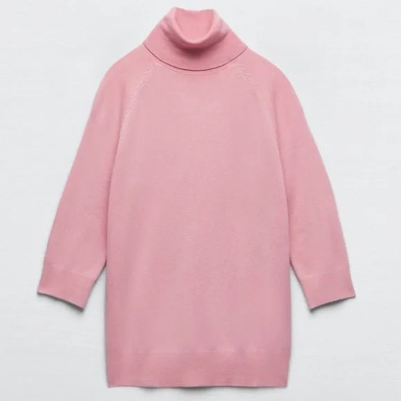 Zara High Collar Turtleneck Fine Ribbed Knit 3/4 Sleeve Sweater in Pink - Picture 3 of 14